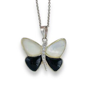 Vintage China SJ Sterling Silver 925 MOP Onyx Cubic Zirconia Butterfly Pendant